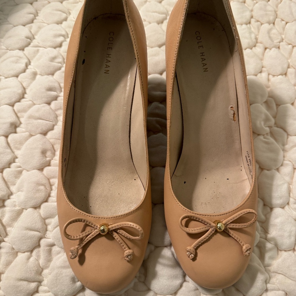 Cole Haan Elsie nude wedge with stacked heel and bow